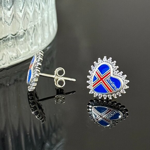 Iceland Flag Earrings Heart bling S925 Sterling Silver Handmade Ear Stud - Picture 2 of 4